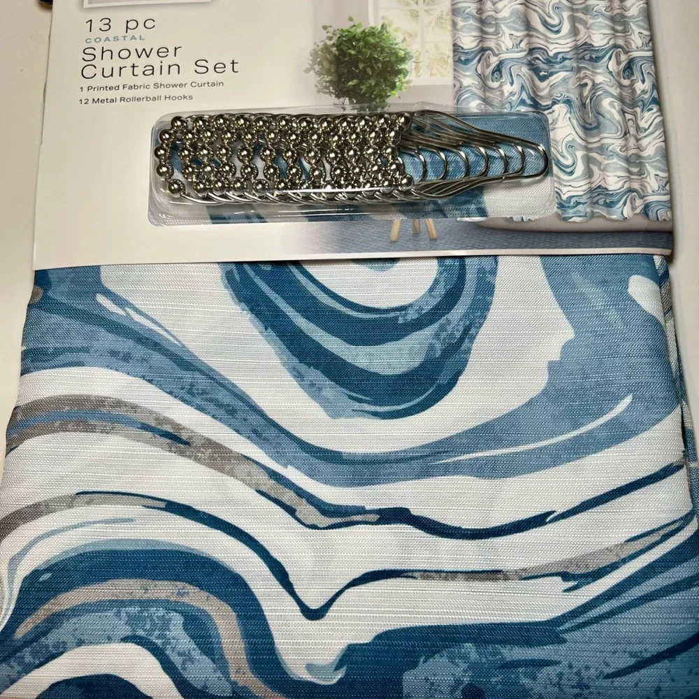 Blue Ocean Tide Fabric Shower Curtain Roller Hooks Marble Coastal